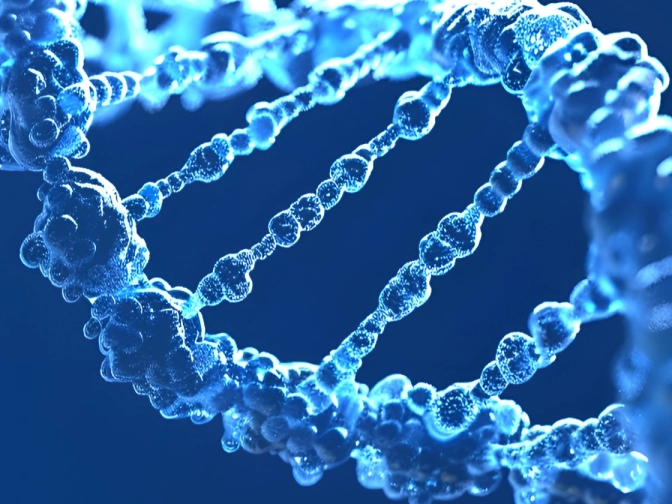 Abstrakte 3D-Darstellung einer DNA-Doppelhelix in Blau auf dunklem Hintergrund