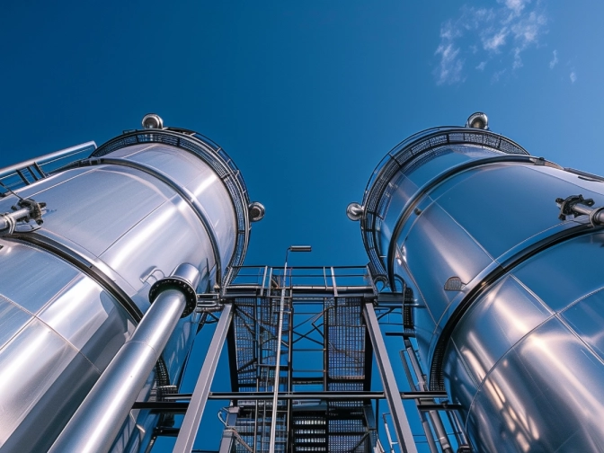Blick nach oben auf mehrere große, zylindrische Edelstahltanks/Silos mit Geländern und Leitern vor klarem, blauem Himmel