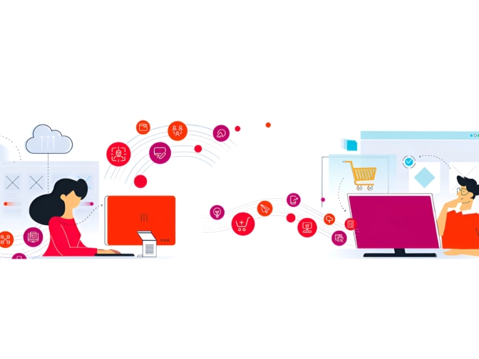 Flache Illustration mit zwei Personen an Computern, verbunden durch schwebende Symbole für E-Commerce, Cloud-Dienste und digitale Kommunikation in modernem Umfeld