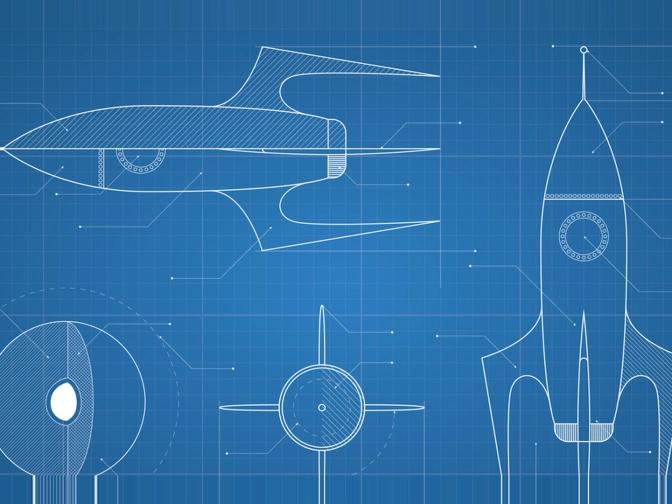 echnische Blueprint-Zeichnung einer stilisierten Rakete mit mehreren Ansichten, Maßlinien und Details auf blauem Rasterhintergrund, die eine konstruktive, futuristische Stimmung vermittelt.