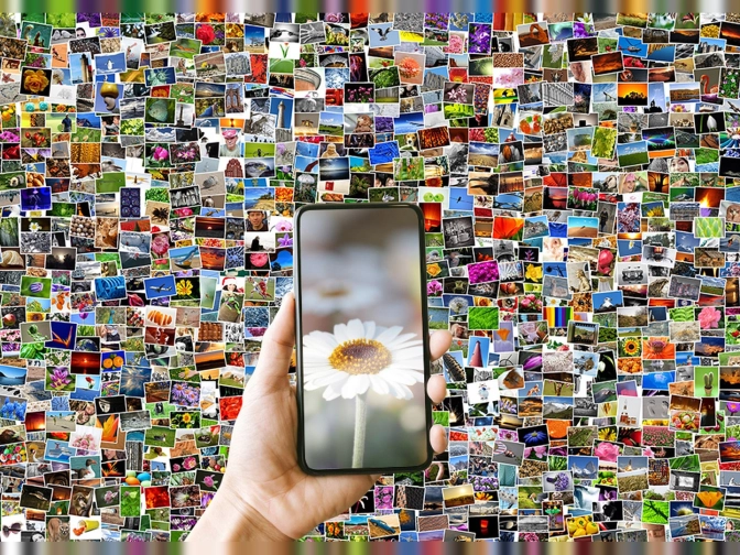Eine Hand hält ein Smartphone mit einer weißen Blume auf dem Display, davor ein farbenfrohes Mosaik aus vielen kleinen Fotos als dichter Hintergrund.