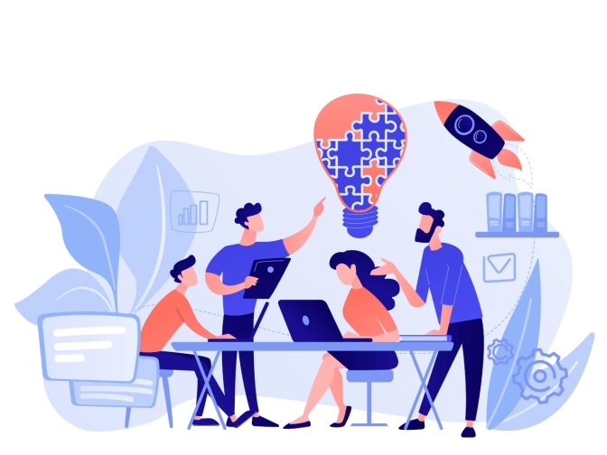 Illustration eines Teams, das gemeinsam an einem Tisch mit Laptops arbeitet, Ideen austauscht und eine große Glühbirne aus Puzzleteilen als Symbol für Kreativität und Innovation entwickelt.