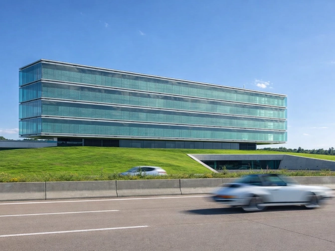 Moderne Firmenzentrale von Robatherm in Jettingen-Scheppach mit langgestreckter Glasfassade auf einer begrünten Anhöhe, davor eine Straße mit vorbeifahrenden Autos unter blauem Himmel.“