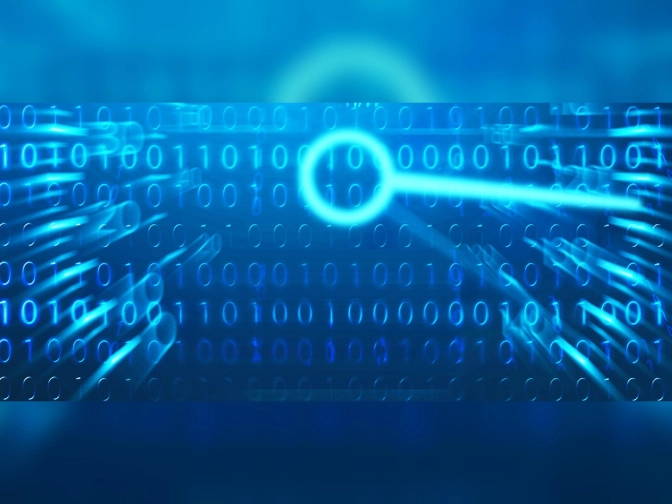 Abstrakte blaue Digitalgrafik mit strömenden Binärzahlen, dynamischen Lichtspuren und einem leuchtenden Kreis, eingebettet in einen weich verlaufenden digitalen Hintergrund.“