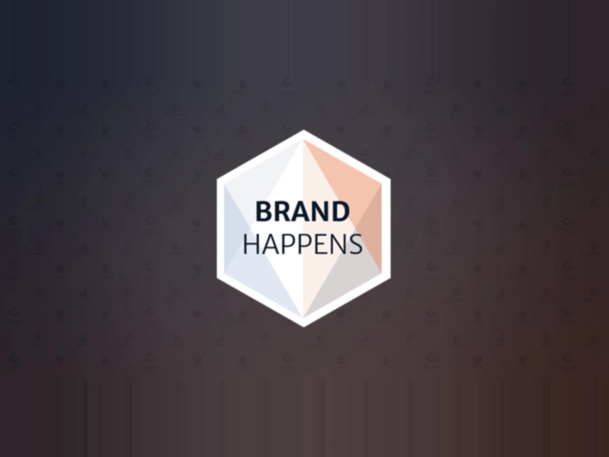 Zentrales sechseckiges Logo mit der Aufschrift „Brand Happens“ steht vor einem dunklen, weich verlaufenden Hintergrund und wirkt modern, ruhig und markenorientiert.