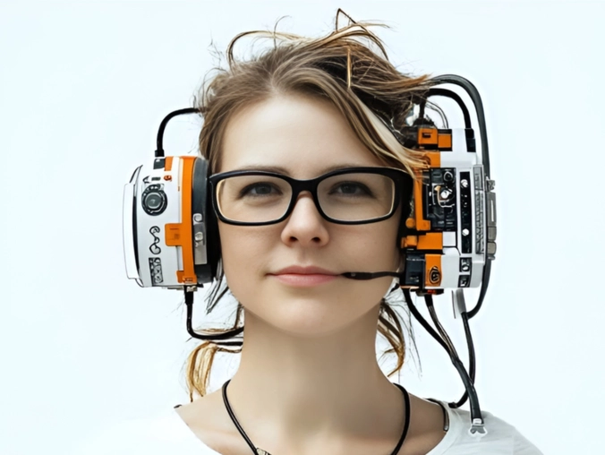 Porträt einer Frau mit Brille, die ein futuristisches, technisches Headset mit Kabeln und Modulen trägt und vor hellem Hintergrund ruhig in die Kamera blickt