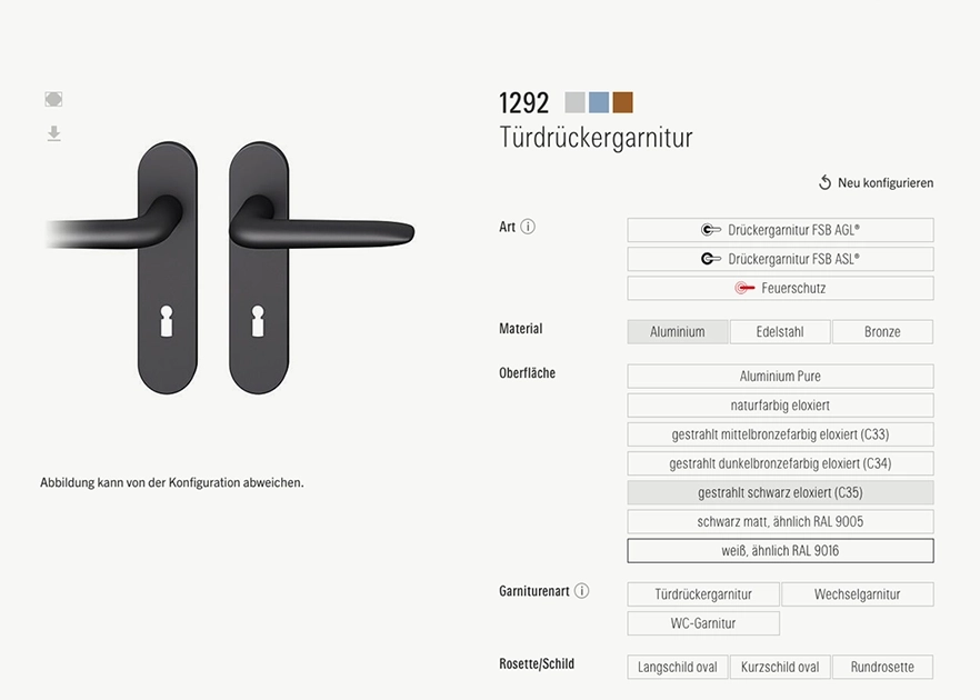 FSB Türdrückergarnitur Modell 1292 in Schwarz matt mit Langschild. Daneben die Konfigurationsoptionen für Material (Aluminium, Edelstahl, Bronze) und Oberflächen.