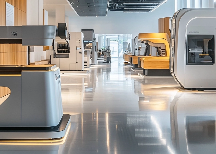 Moderner Showroom mit moderne Holzbearbeitungsmaschinen auf einem glänzenden, spiegelnden Boden.