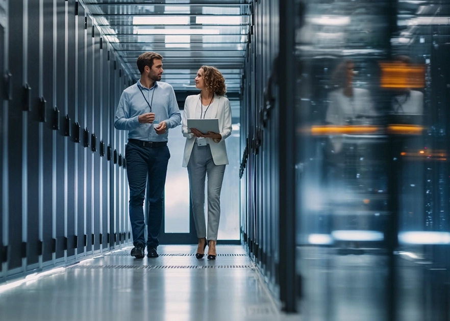 Zwei Geschäftsleute – eine Frau und ein Mann – gehen durch einen Industrie- oder Serverraum.