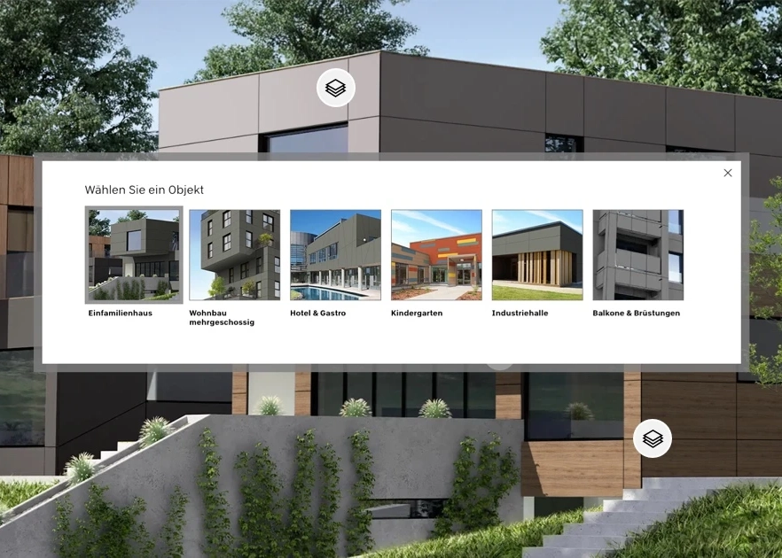 Screenshot des Pfleiderer Fassadengenerators, der eine moderne Gebäudefassade vorführt und ein Auswahlfenster mit sechs Objekttypen anbietet: Einfamilienhaus, Wohnbau mehrgeschossig, Hotel & Gastro, Kindergarten, Industriehalle, und Balkone & Brüstungen.