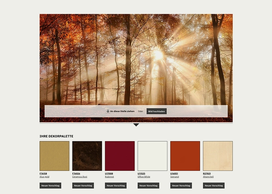 Ein Moodboard-Tool mit einem stimmungsvollen Bild eines herbstlichen Waldes, durch den Sonnenstrahlen scheinen, und einer darunter liegenden Reihe von sechs Farbfeldern/Dekorpaletten von Pfleiderer.