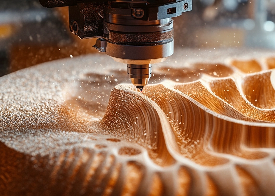 Nahaufnahme einer CNC-Fräsmaschine bei der Arbeit, die mit einem rotierenden Werkzeug komplexe, wellenförmige Konturen in ein hellbraunes Holzmaterial fräst. Dabei entstehen feine Späne.