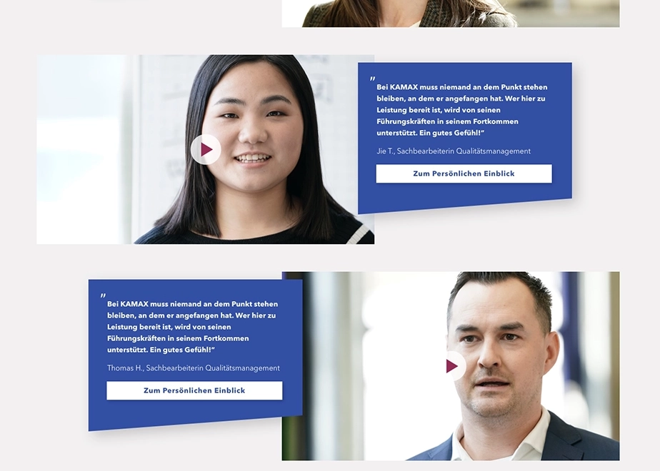Zwei Mitarbeiter von KAMAX teilen ihre positiven Erfahrungen über Karrierechancen und Unterstützung durch Führungskräfte in Zitaten neben ihren Porträts.