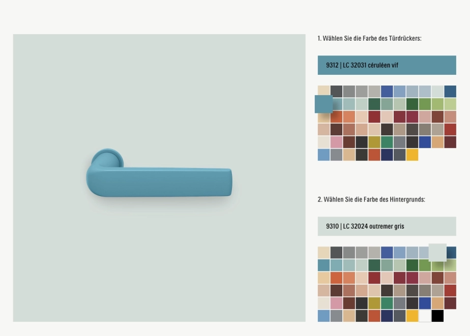 FSB Produktkonfigurator, der Le Corbusier Farben mit dargestellten Türklinke vor einem hellgrauen Hintergrund zeigt. Rechts sind Farbwähler für den Drücker und den Hintergrund.