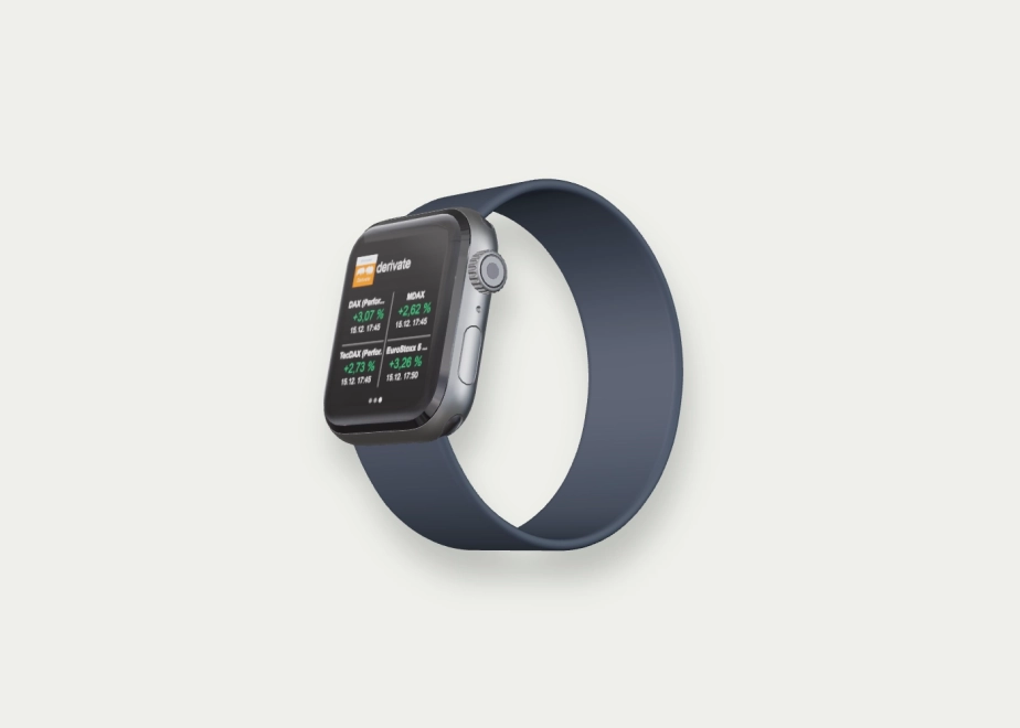 Nahaufnahme einer Smartwatch, die die "derivate"-App der DZ BANK mit aktuellen Kursen und positiven prozentualen Entwicklungen für den DAX, MDAX, TecDAX und Euro Stoxx anzeigt.