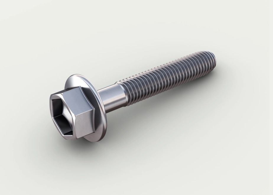 3D-Illustration eines metallischen Sonderb3D-Illustration einer silbernen Metallschraube mit Teilgewinde, quadratischem Innenantrieb und verbreitertem Schraubenkopf mit integrierter Auflagefläche