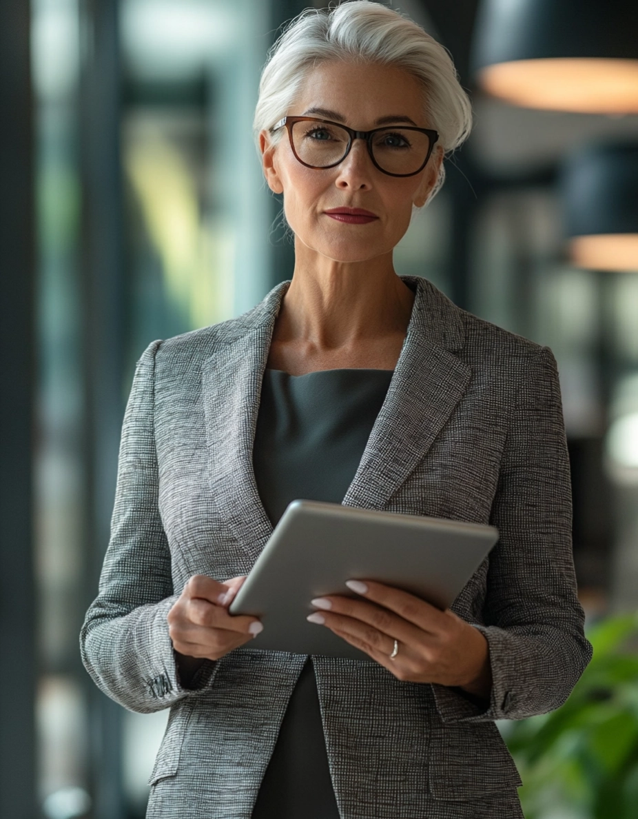 Eine elegant gekleidete Geschäftsfrau mit grauen Haaren und Brille hält ein Tablet in einem modernen Büro.