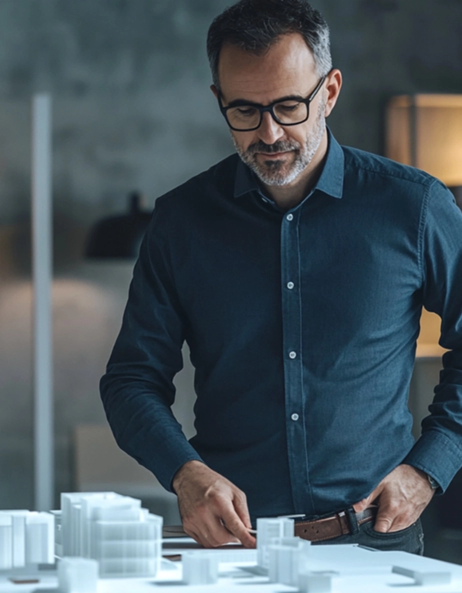Query successful  Gemini said  An architect wearing glasses and a dark button-down shirt carefully examines a white 3D scale model of a modern building complex in a dimly lit studio.