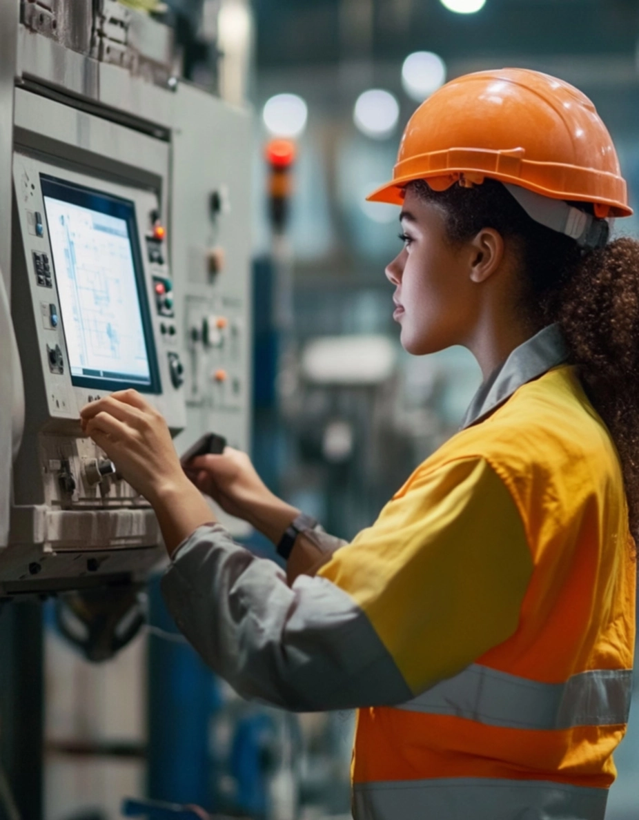 Eine Industriearbeiterin mit orangefarbenem Schutzhelm und Warnweste bedient eine digitale Steuerungseinheit in einer Fertigungshalle.