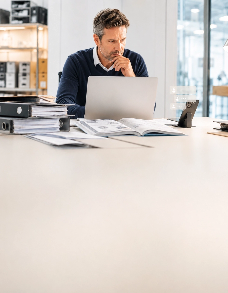 Nachdenklicher Geschäftsmann sitzt in einem hellen modernen Büro vor einem Laptop, umgeben von Unterlagen, Ordnern und einem Smartphone mit angedeuteten Chat-Nachrichten.